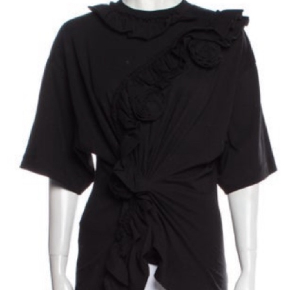 Dries Van Noten Black Short Sleeve Top appliqué floral ruffle top